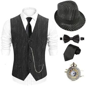 EFORLED 1920s Mens Costume Fedora Hat,Gatsby Gangster Vest,Vintage Pocket Watch,Pre Tied Bow Tie,Tie Large