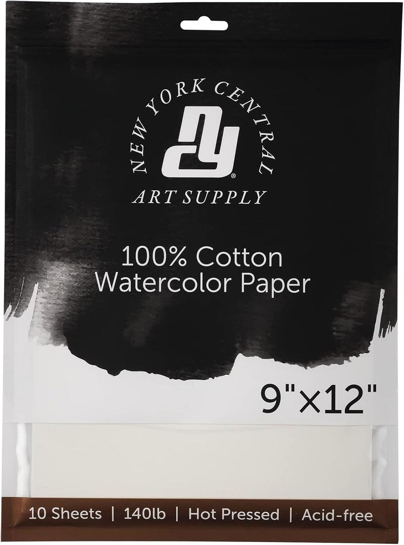New York Central Watercolor Paper - 9x12-5 Packs of 10-50 Total Sheets, 140 lb. Hot Press - 100% Cotton, Acid-Free, Archival Quality, Bright White Watercolor Paper Pad for Wet & Dry Media
