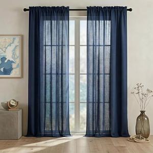 Navy Blue Coastal Linen Curtains, Effortless Elegant Rod Pocket or Clip Ring Sheer Drapes, Summer Dark Blue Boho Light Filtering Nautical Window Panel for Bedroom Living Room, 84 Inch Length (52"W x 84"L (Pack of 2))