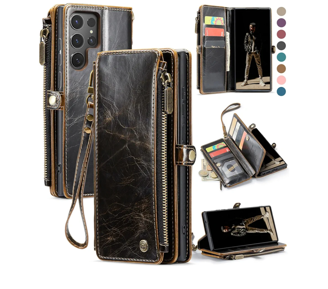 Defencase for Galaxy S25 Ultra Case Wallet with RFID Blocking Card Holder for Women Men, PU Leather Magnetic Snap Flip Wrist Strap Zipper Wallet Phone Cases for Samsung Galaxy S25 Ultra 6.9", Coffee