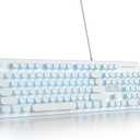Wired Retro Typewriter Keyboard, Quiet Computer Keyboard Light up with Full Size 104 Round Keys Blue LED Backlit Slim Silent for Windows PC Laptop(White)