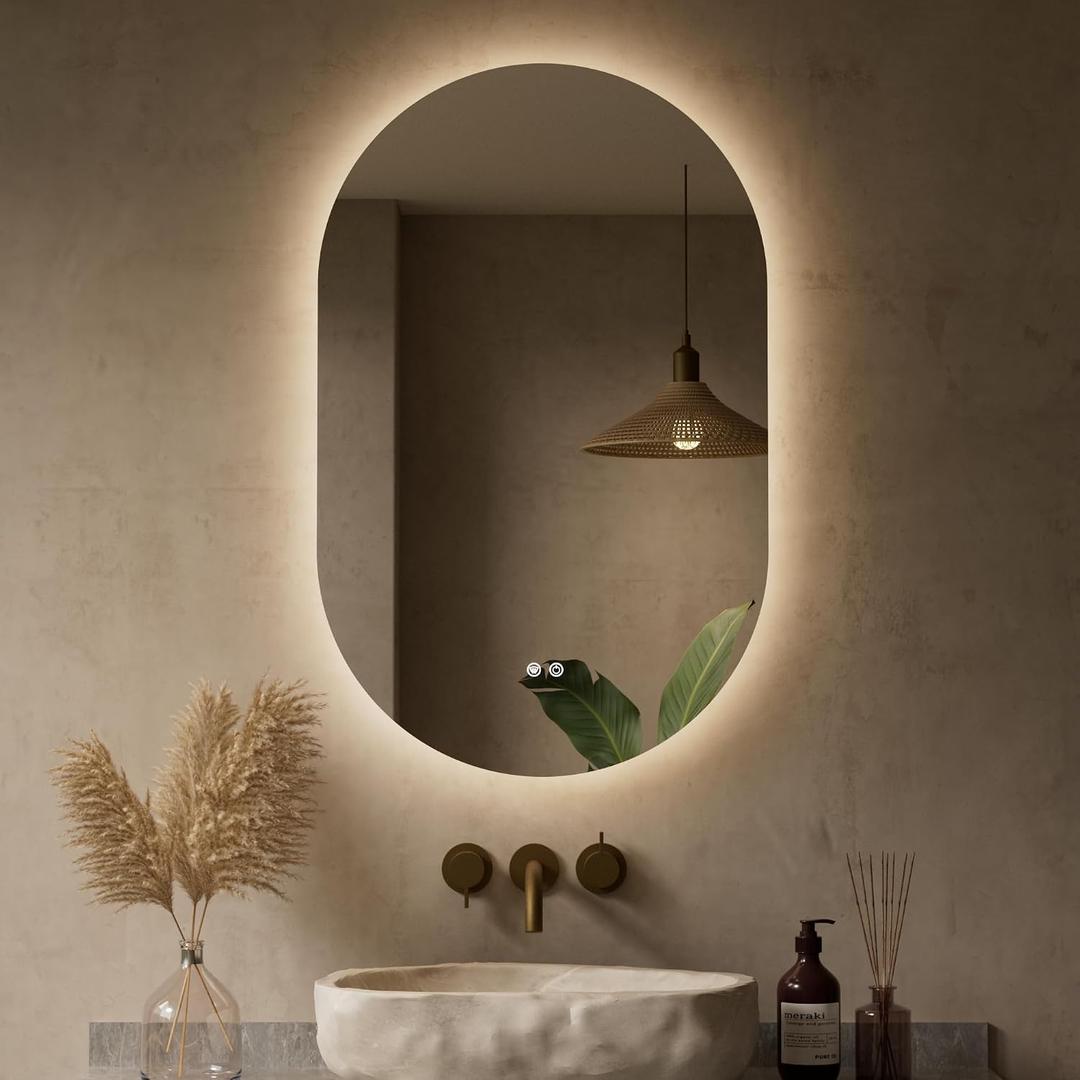 Keonjinn 20 x 32 Inch Oval LED Mirror with Backlight, Pill-Shaped Backlit Mirror Bathroom with HD Tempered Glass, UL-Listed LED Driver, 3 Color Lights, Safe Defogging, Dimmable, Decorative Mirrors