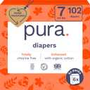 Pura Size 7 Eco-Friendly Diapers (33+lbs) Hypoallergenic, TCF, Soft Organic Cotton, Sustainable, up to 12 Hours Leak Protection, Allergy UK, Recyclable Paper Packaging, 6 Packs of 17 (102 Diapers)