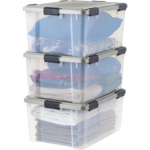 IRIS USA 60 Qt Storage Bins with Gasket Seal Lid, 3 Pack - BPA-Free, Heavy Duty Moving Containers Tight Latch, Weather Proof Tote, WEATHERPRO - Clear/Chrome