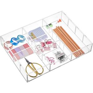 Acrylic Drawer Organizer Clear Desk Drawer Organizer Trays with Adjustable Compartments Desk Accessories for Office Stationery Makeup Silverware Bathroom (Non Expandable)