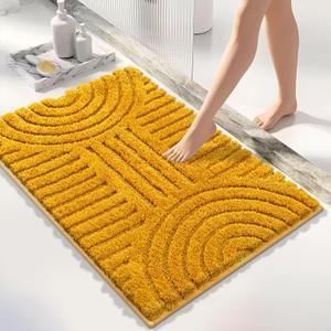 SHACOS Boho Bathroom Rugs 16"x24" Extra Soft Absorbent Bath Mats Home Decor Non Slip Carpet Machine Washable Shaggy Bath Rugs for Bath Room Shower Bathtub, Honey Mustard 1'4" x 2'