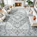 Lessymo Area Rugs 9x12 Living Room- Large Area Rug Machine Washable Area Rug for Bedroom Living Room, Vintage Rugs Boho Floral Medallion, Non-Slip Rubber, Low Pile, Kid & Pet Friendly, Grey White