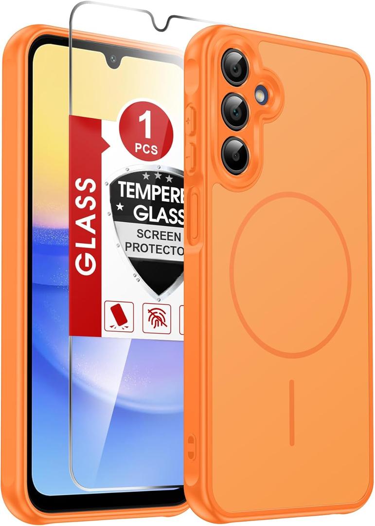 LeYi for Samsung Galaxy A15-5G Case: Samsung Galaxy A15 5G Phone Case with Screen Protector, [Magnet Fit] Solid Dual-Tone Panel Slim Skin-Feel & Full Body Shockproof for A15 Samsung Phone Case, Orange