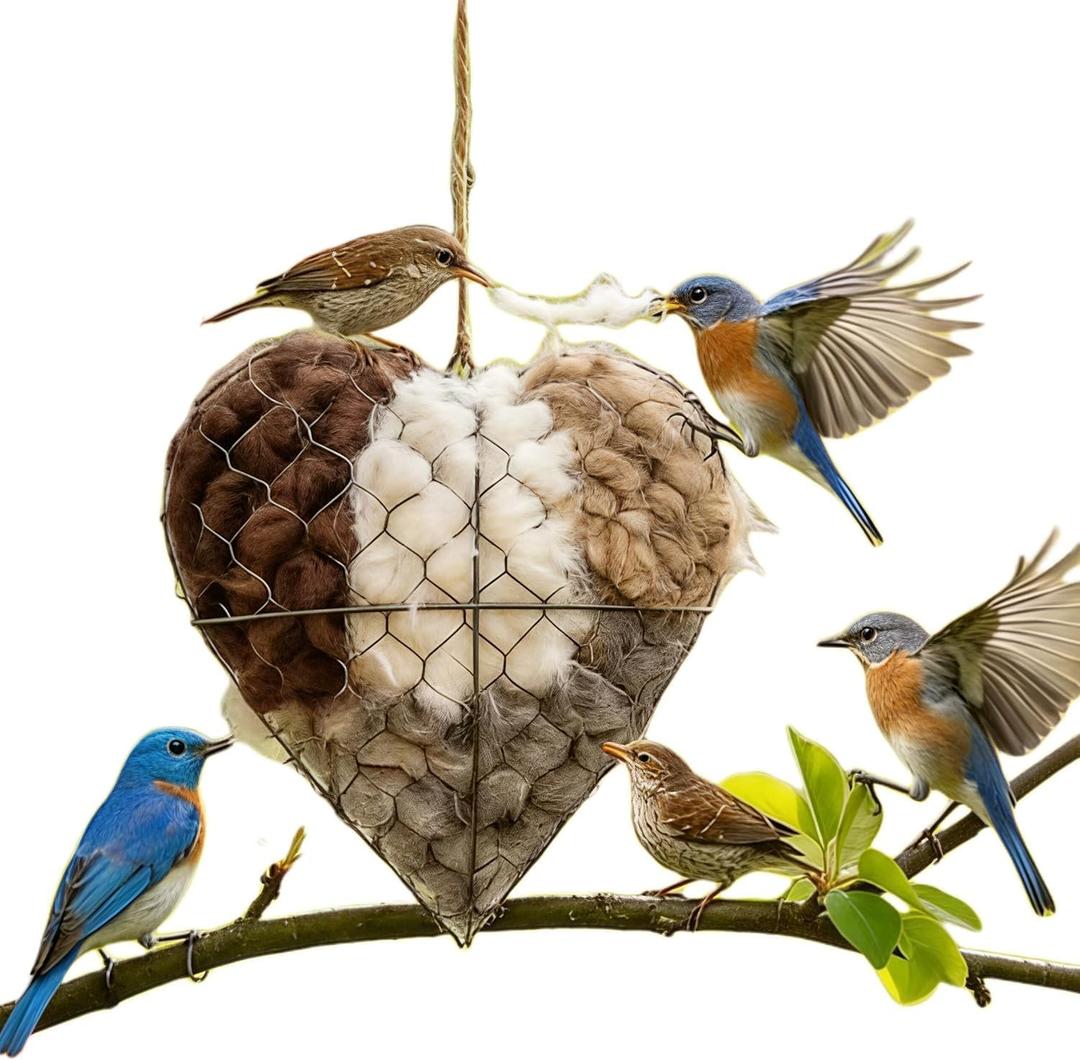 Handmade Alpaca Fiber Bird Nesting Heart with Refillable Natural Nesting Materials, Hanging Winter Shelter & Spring Nest Holder for Wild Birds, Decorative Outdoor Garden Birdhouse Gift