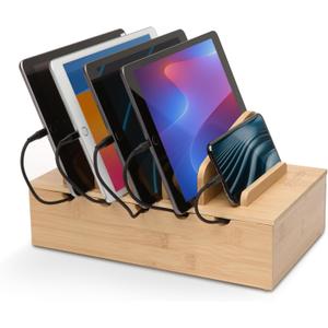 Prosumer's Choice Wooden Charging Station Organizer - 5-Port Base for Phones, Tablets and Laptops - Multi-Device Docking Station with Removable Divider Slots - Cord Box with Cable Management - Bamboo