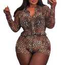 2 x Tehoao Two Piece Leopard Print Set Sexy Going Out Club Outfit for Women Long Sleeve Mesh Top Cheetah Shorts Set (Leopard,L) (L)