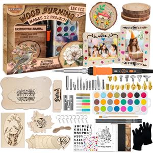 K KERNOWO Wood Burning Kit - 156Pcs All-in-One Wood Burning Tool Pen Adjustable Temperature Wood Burner Kit Crafts Gifts for Adults & Teens, Woodburning Kits for Beginner Pyrography