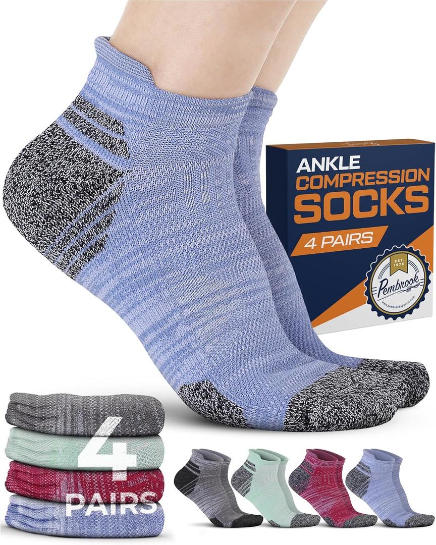 Pembrook Ankle Compression Socks for Women & Men - 4 Pairs | Sports Running Compression Socks | Athletic Ankle Support Socks (Large)