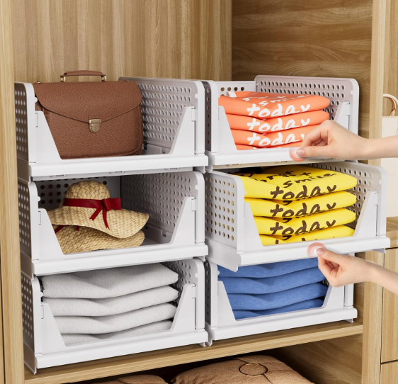 5 Pack Closet Organizers Storage Box, Closet Storage Stackable Storage Bins, Plastic Drawer Basket for Wardrobe Cupboard Kitchen Bathroom Office, White