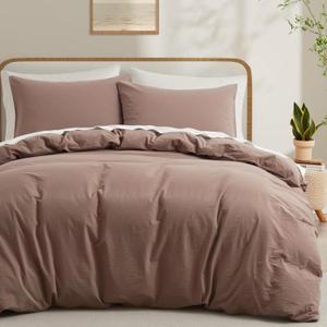 LOVQUE 100% Washed Cotton Duvet Cover Set King Size, Linen Like Natural Bedding Set with Zipper Closure (No Comforter), 104x90 Inches, Mauve Brown