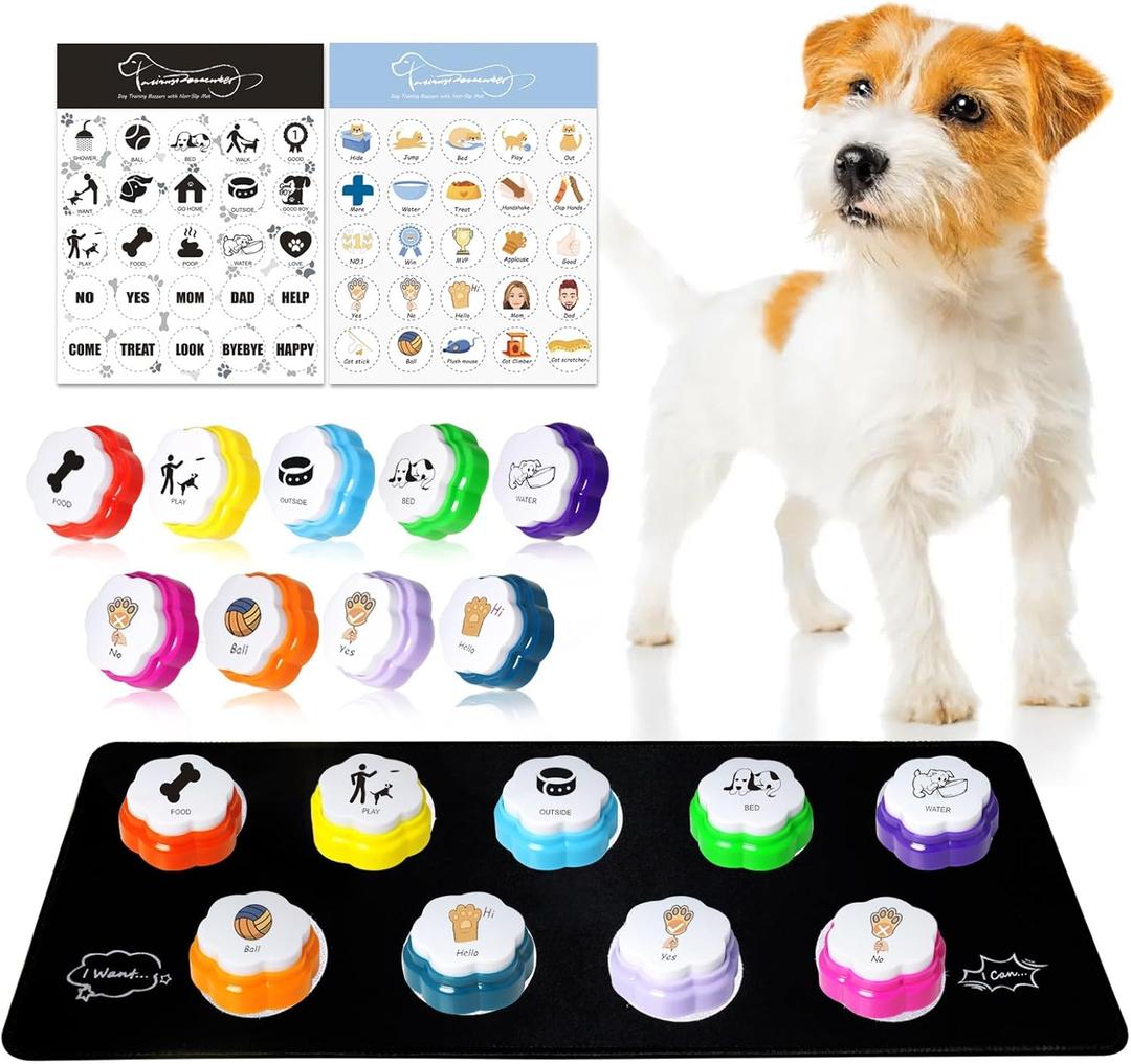 Dog Buttons for Communication, 9pcs Recordable Talking Buttons Set with Mat & Stickers, Pet Training Buttons for Dogs & Cats, Speaking Buttons