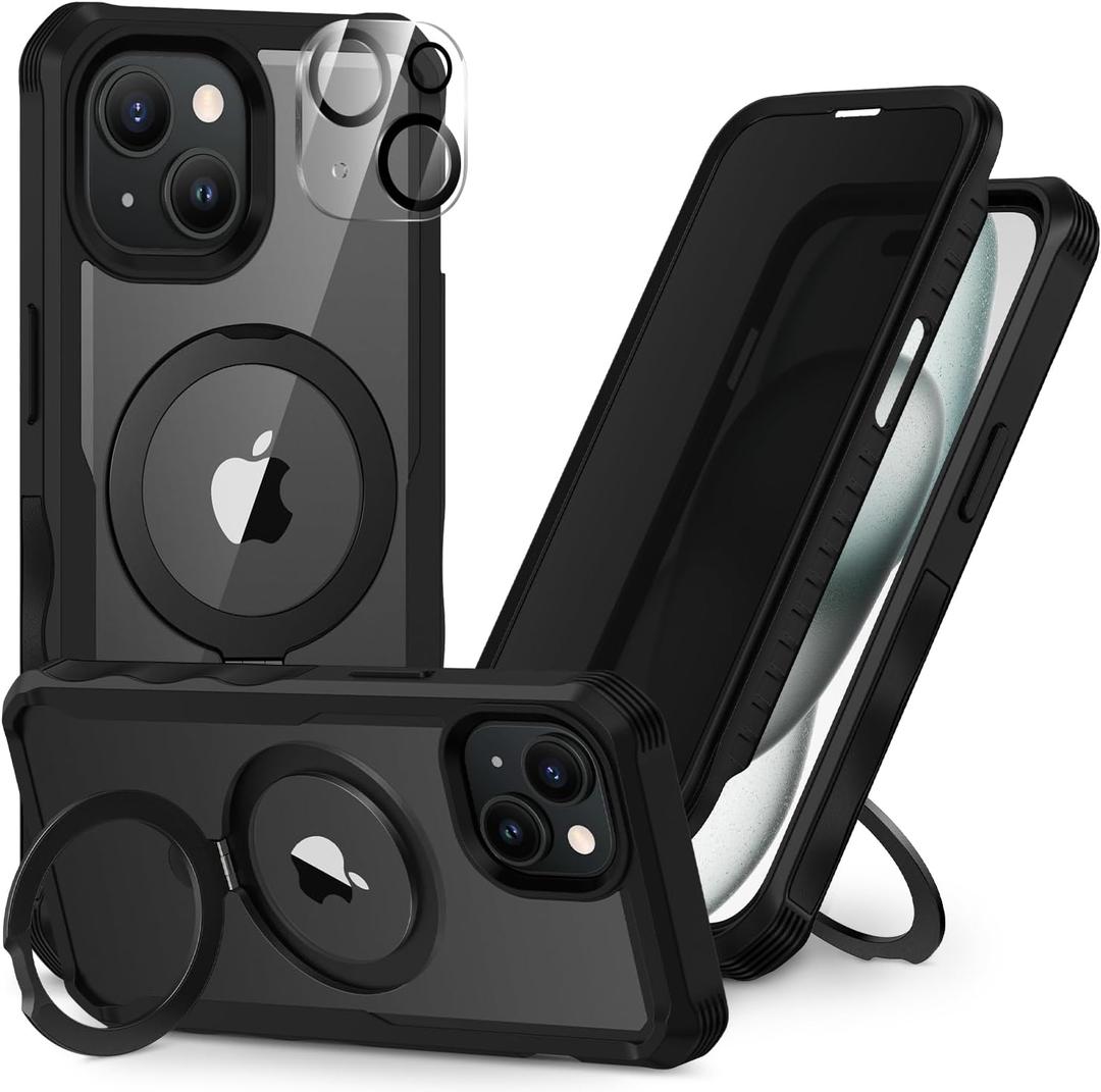 CENHUFO Privacy for iPhone 15 Plus Case, Full Body Phone Case [Compatible with Magsafe] Built-in 9H Tempered Glass Privacy Screen Protector and Magnetic Ring Stand, Clear Camera Lens Cover - Black