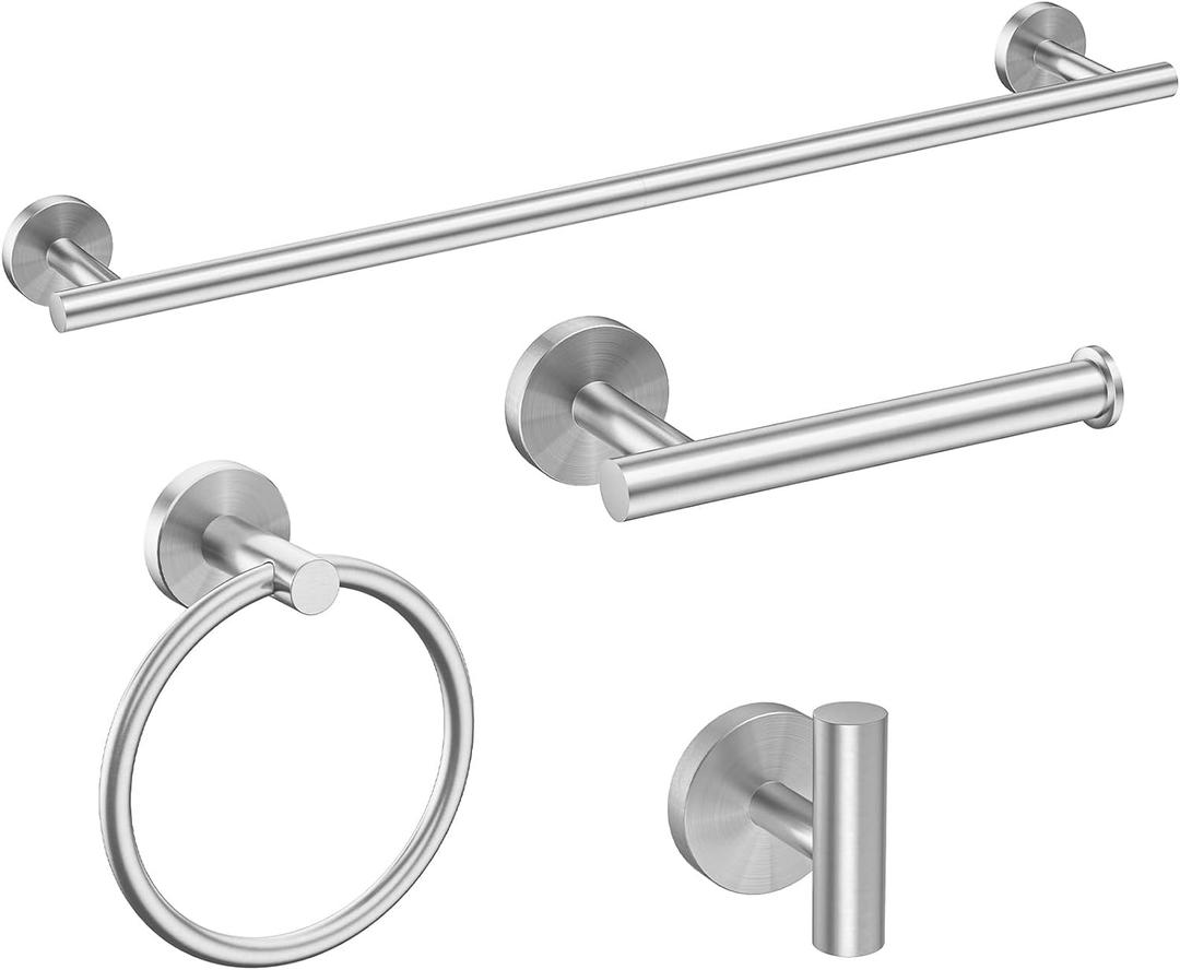 USHOWER Brushed Nickel Bathroom Hardware Set, Modern 24-Inch Towel Bar Set Wall Mounted, Durable SUS304 Stainless Steel Bathroom Accessories Set, 4-Piece