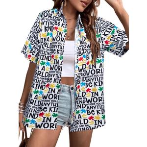 Autism Awareness Shirt Be Kind Women T-Shirt Funny Kindness Blessed Inspirational Graphic Tee Short Sleeve Button Up Top (White, L)