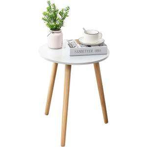 Apicizon Round Side Table, White Bedside Table Coffee End Table for Bedroom, Living Room, Small Spaces, Easy Assembly Nightstands with Natural Wood Legs, 16.5 x 20.5 Inches