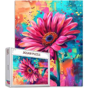 Pink Gerber Flower Jigsaw Puzzle 1000 Pieces for Adults,Valentine Day Colorful Style Floral Jigsaw Puzzles for Challenging Family Activity Games DIY Puzzle for Home Wall Decor Gifts - 20 x 27 Inches