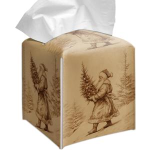 Grace Yonks Christmas Tissue Box Cover Square, Vintage Santa with Tree Sketch Design Cube Case for Facial Tissues, 5.2" PU Leather. (104)