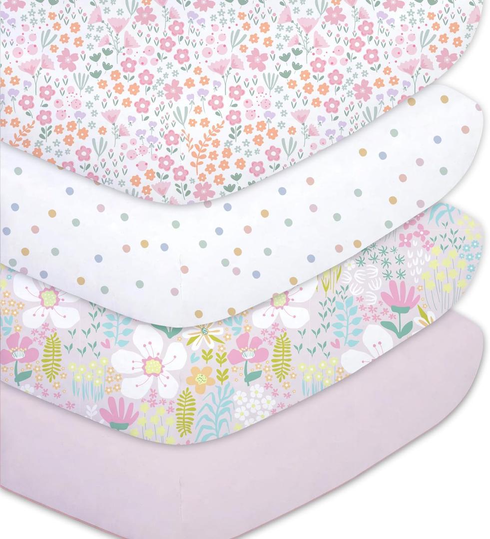 Little Grape Land Crib Sheets Baby Toddler Sheets 4 Pack Fitted for Boys Girls, Standard Size 28x52 Crib Mattress, Super Soft Breathable Washable Microfiber (Floral/Blossom/Dots/Blush Pink)