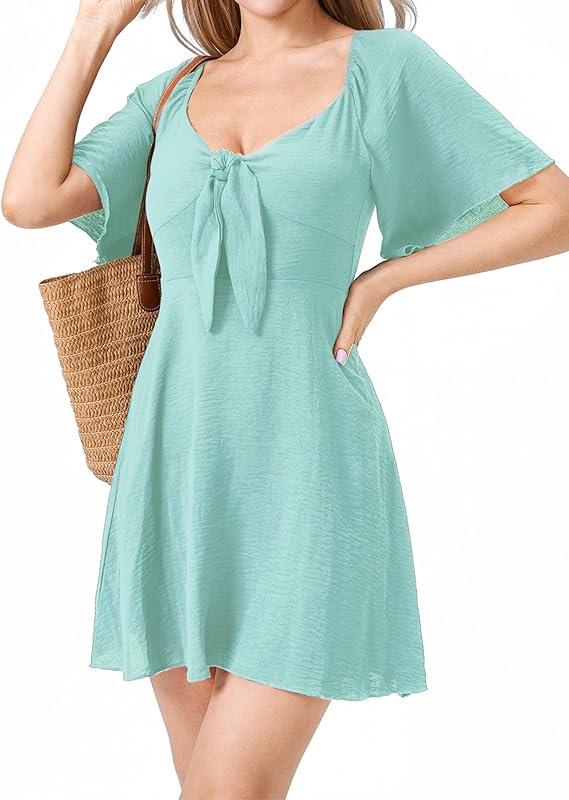 Womens Dresses 2025 Spring Summer Deep V Neck Casual Bow Tie Mini Cocktail Beach Dress, Size: S