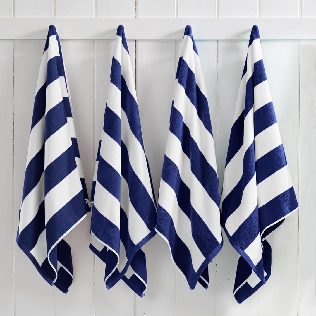 Great Bay Home 100% Cotton Velour 4 Pack Beach Towels 30" x 60" - Navy Cabana Stripe Pool Towels - Quick Dry, Large Swim Towels