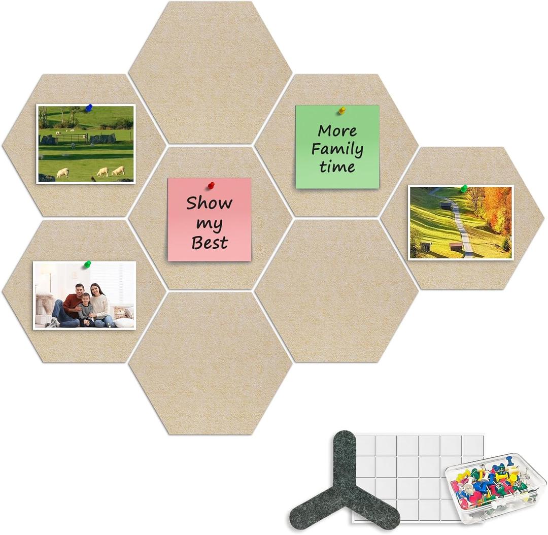 8-Pack Hexagon Felt Cork Board, 1/2" Thick Felt Bulletin Pinboard with 80 Push Pins, Adhesive Tabs, Geometric Cork Wall Tiles for Photos, Memos, Home & Office Decor (Beige)