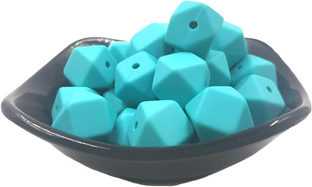 50pcs Silicone Hexagonal Pearl Focal Beads Ball for Pen Making 14mm Loose Silicone Geometric Hexagon Bulk Bead for Keychain DIY Mom Woman Lanyards Craft Jewelry (Turquoise)