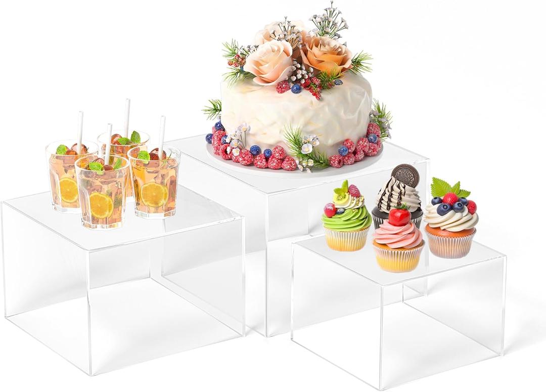 KOLIPI 3Pcs Buffet Risers, Food Risers for Buffet Table, Acrylic Boxes for Display Cube Riser Display Stand for Party Catering Dessert Collectibles, Clear Set (Size 8", 7", 6")