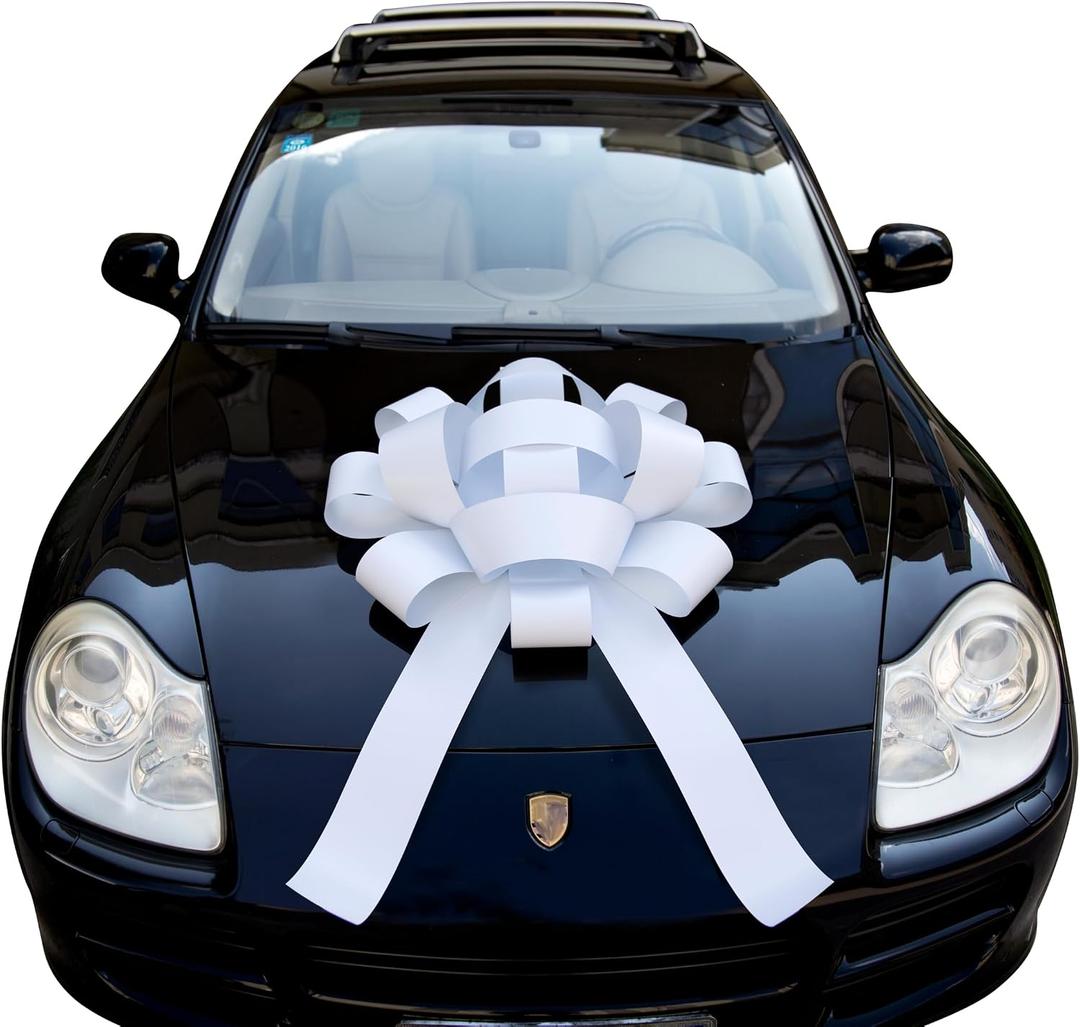 30" Giant Car Bow - White | Big Gift Wrapping Bow with Non Scratch Magnet Base for Large Gift Decoration, Weather Resistant and Waterproof Vinyl Magnetic Big Car Bow (1 Pack)