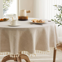 Linen Tablecloth with Tassels, Farmhouse Style Brown Tablecloth, Water Resistant Burlap Tablecloths for Round Table, 52 Inch Round, Tassel/Natural