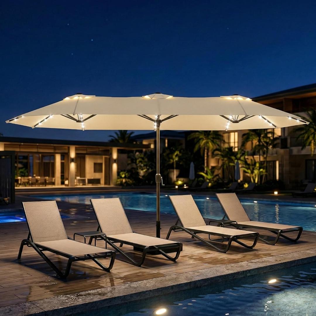 15ft Large Patio Umbrella with Solar Lights and Base, Double-Sided Outdoor Rectangle Umbrella with 48 LED Lights, Market Table Umbrellas with UV Resistant Canopy