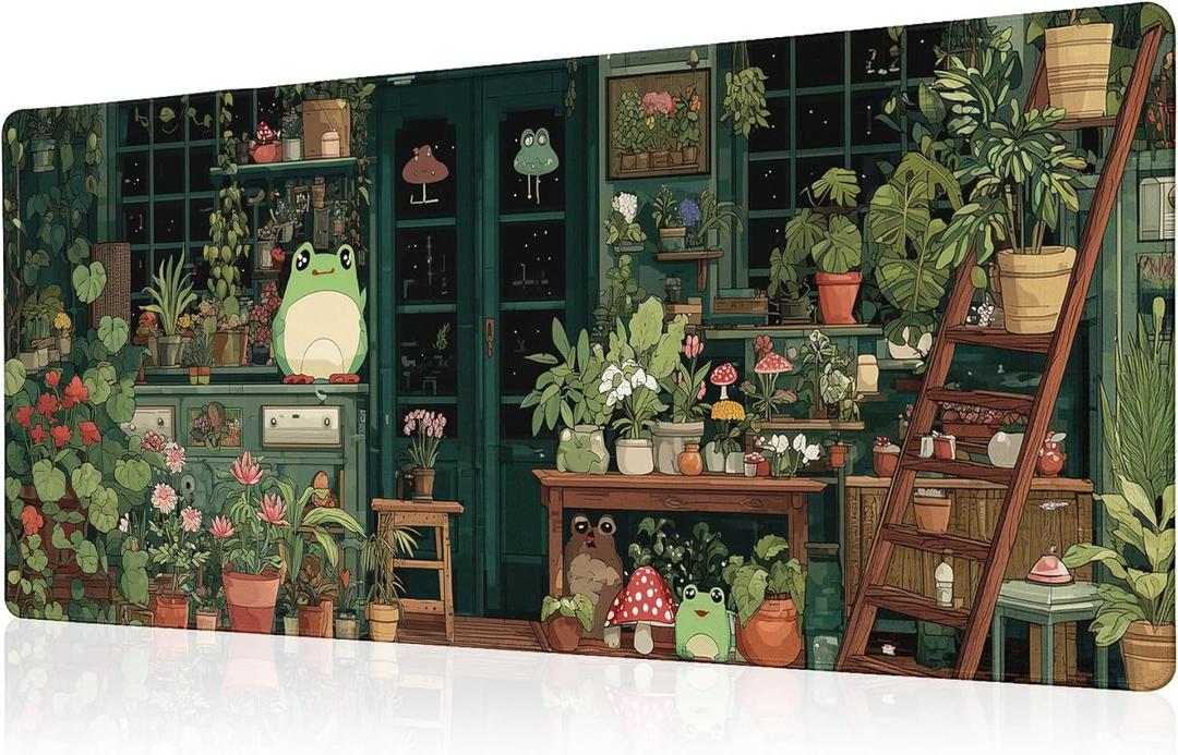 Cute Frog Kawaii Green Mouse Pad Desk Mat XL Extended Large Gaming Desk Pad Mousepad, Green Plant Computer Laptop Keyboard and Mouse Mat, Desktop Protector Mat for Office and Home 31.5x11.8 in