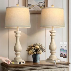 29" Tall Vintage Table Lamps Set of 2,Farmhouse Bedside Lamps with USB C+A Ports & AC Outlet,3-Way Dimmable Touch Lamp for Night Stands Living Room Bedroom,Beige