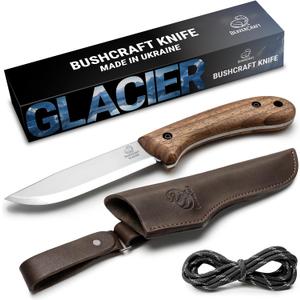 BeaverCraft Bushcraft Knife Full Tang Fixed Blade for Camping & Hiking  Bush Knife Carbon Steel Blade with Leather Sheath  Camp Outdoor Knives Scandi Grind BSH2 Glacier (Dark Brown)