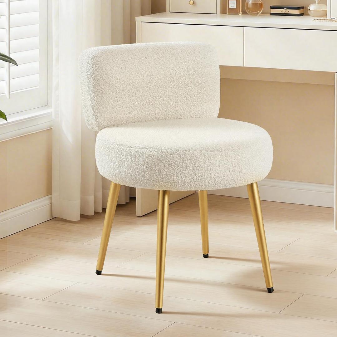 Warmiehomy Cute Vanity Chair with Back - Girls Fluffy Makeup Chair for Vanity - Small Cozy Desk Chair No Wheels for Bedroom Home Office Living Room (White), 18.5 x 17.72 x 23.62 inches