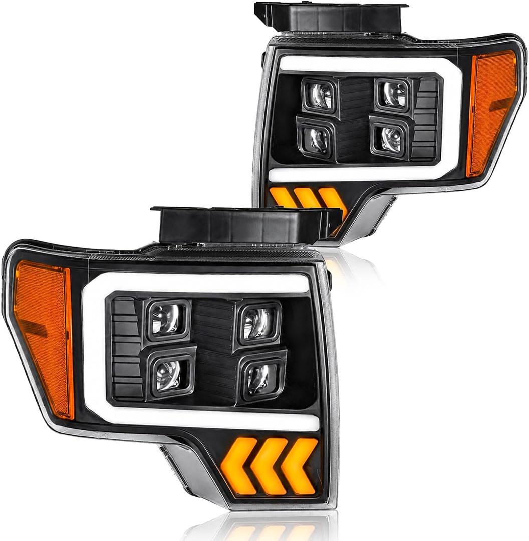 for 2009-2014 Ford F150 Headlights w/LED DRL Projector High Low Beam Left & Passenger Side Replacement Black Housing Amber Reflector