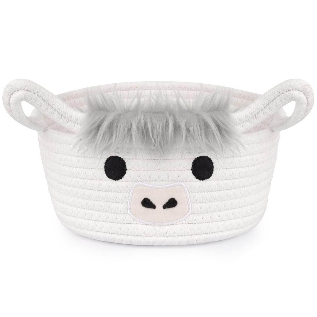 Highland Cow Basket for Nursery, Small Gift Basket, White Round Woven Cotton Rope Storage, Baby 0rganizer with Ears Handles, Blanket Towel Decor Empty Storage Bins,8.2 x 4.7 in