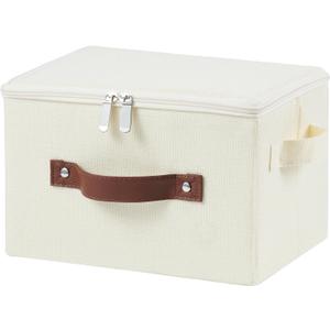 Storage Bins with Zipper Lid Cotton Linen Fabric Lidded Storage Baskets Boxes Foldable Washable Closet Shelf Clothes Organizer Container with PU Leather Handles (Beige, Small Size)