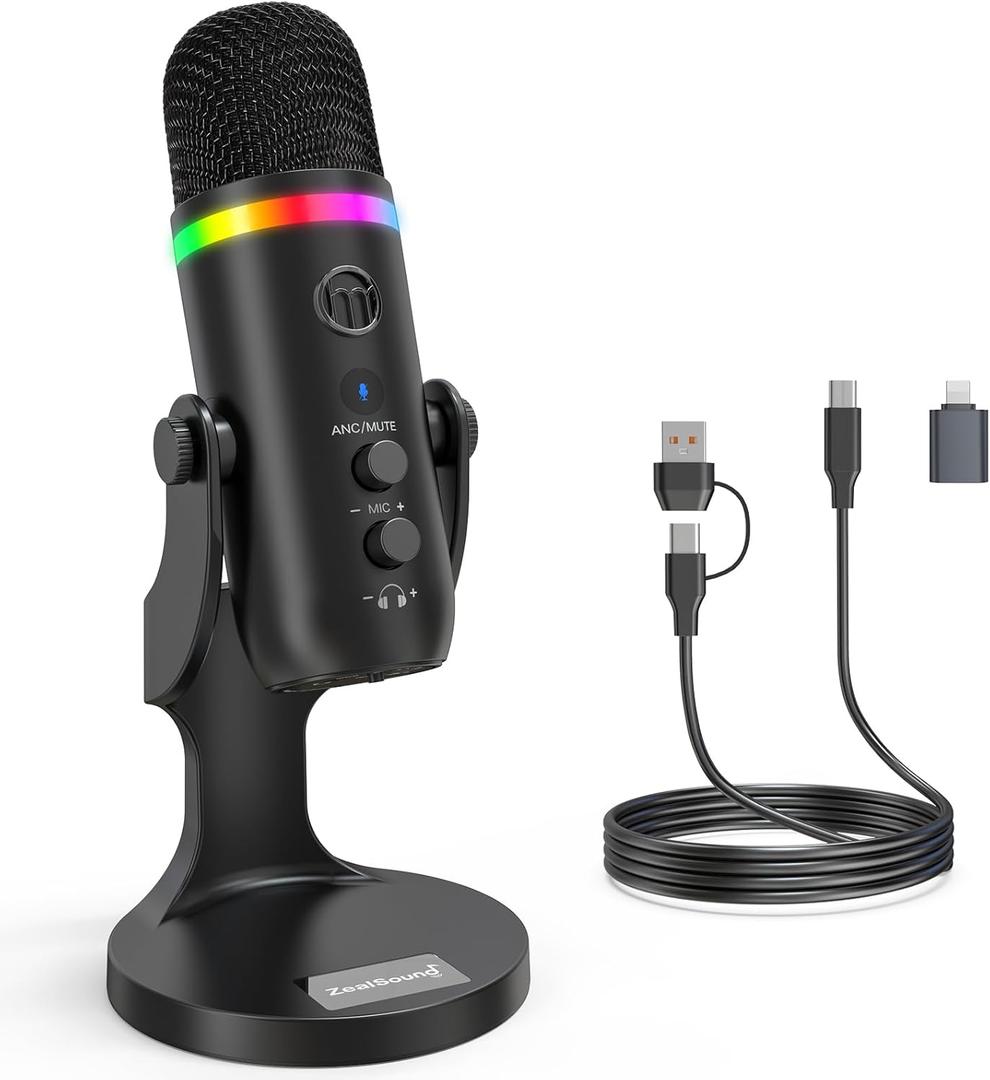 ZealSound USB Microphone for iPhone,Noise Cancellation Condenser mic with Touch Mute,Gain,Echo,Monitoring,RGB for iPad,PC,Podcast,Streaming,Twitch,YouTube,Discord,Computer,PS4,PS5,Mac,GamerWave K66