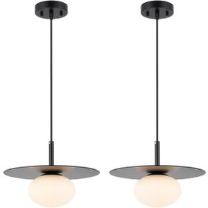 Modern Globe Pendant Lighting Set of 2 Milky White Glass Shade Matte Black Farmhouse Pendant Light 11.81" Dome Industrial Hanging Ceiling Light Fixture Kitchen Island Dinning Room Bedroom