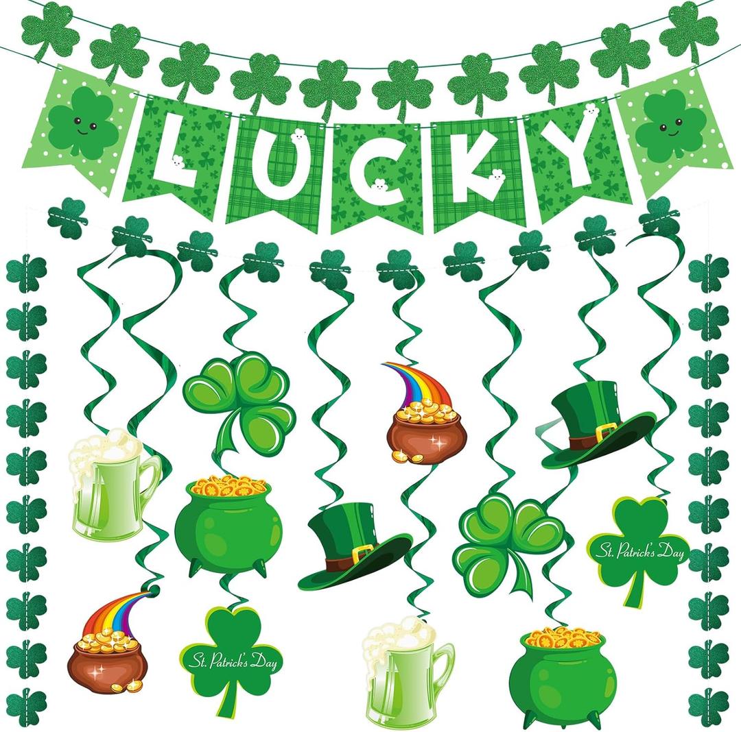 St Patricks Day Decorations, Pre-Assembled Lucky Banner with Shamrock Garland, Clover, Leprechaun Hat and Hanging Swirls, Irish Saint Patrick Day Party Decor & Supplies