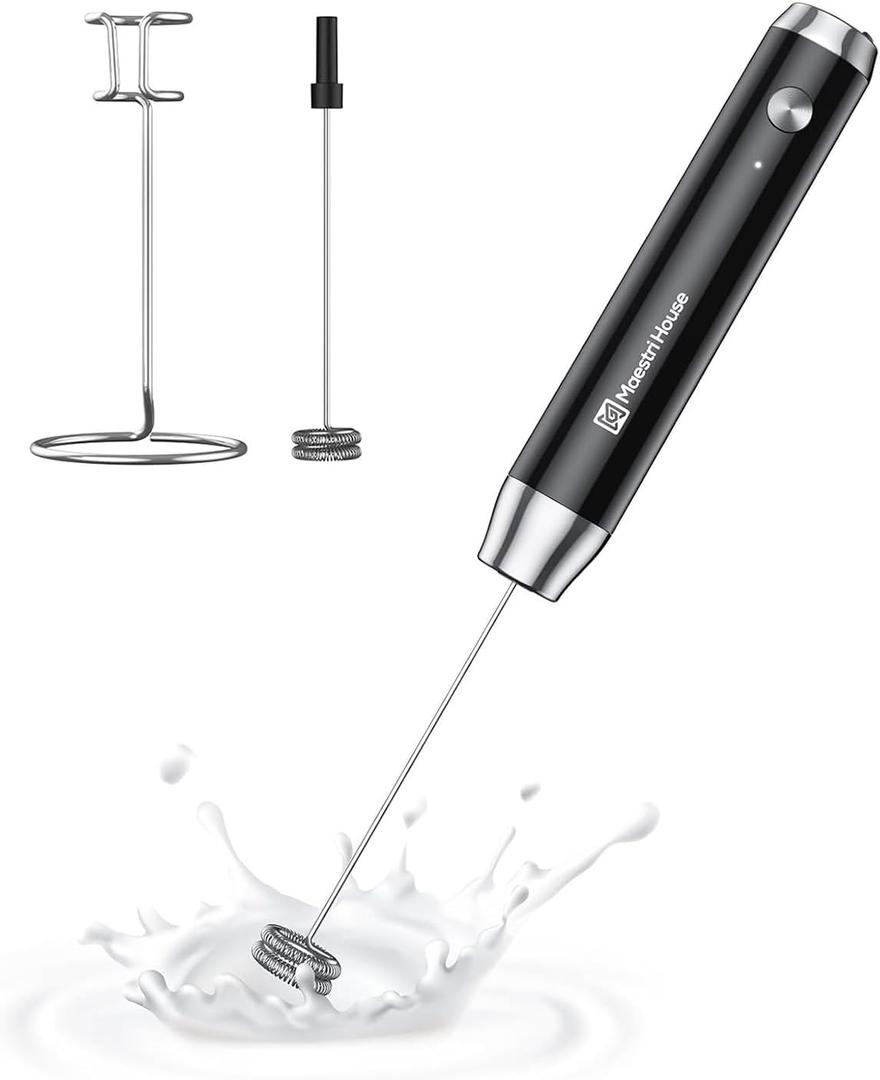 Maestri House Rechargeable Milk Frother with Stand, LunaFro Handheld Electric Foam Maker, Waterproof Detachable Stainless Steel Whisk Drink Mixer Foamer for Lattes, Cappuccino (Black)