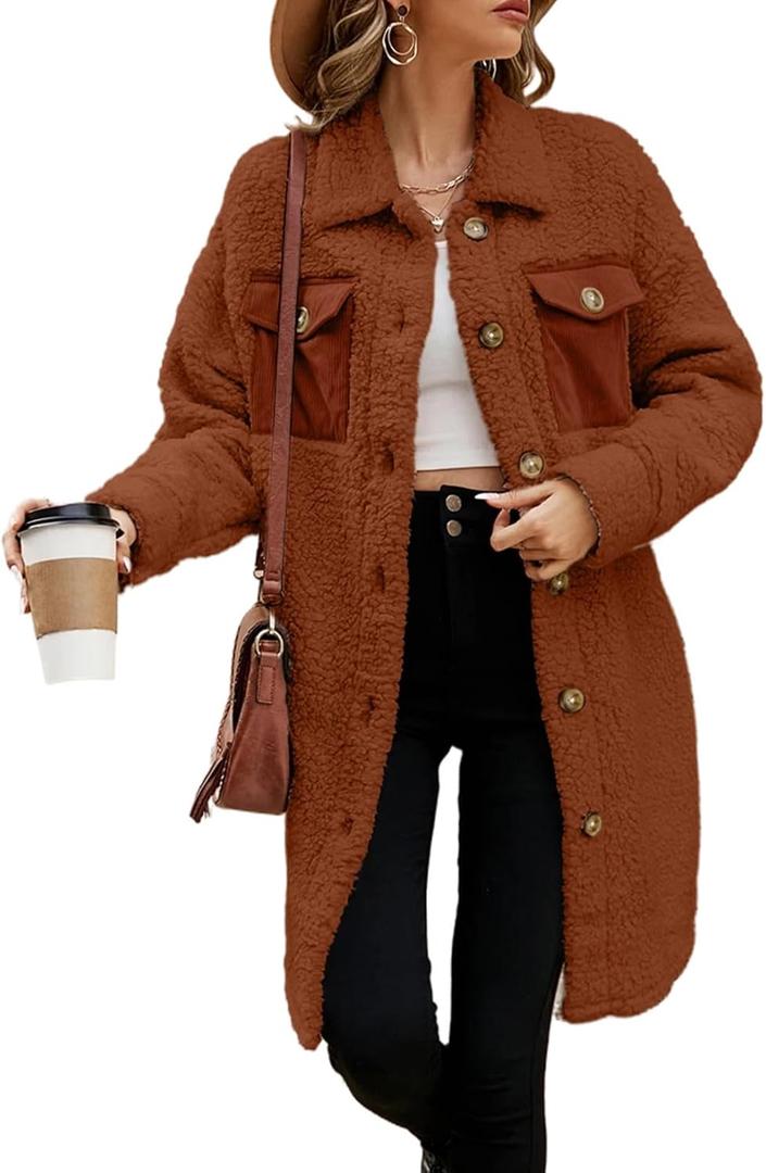 EVALESS Fuzzy Fleece Jackets for Women Fashion Long Sleeve Lapel Button Down Long Teddy Coat Faux Fur Warm Winter Outwear (Brown, M) EVALESS Fuzzy Fleece Jackets for Women Fashion Long Sleeve Lapel Button Down Long Teddy Coat Faux Fur Warm Winter Outwear (Brown, M)