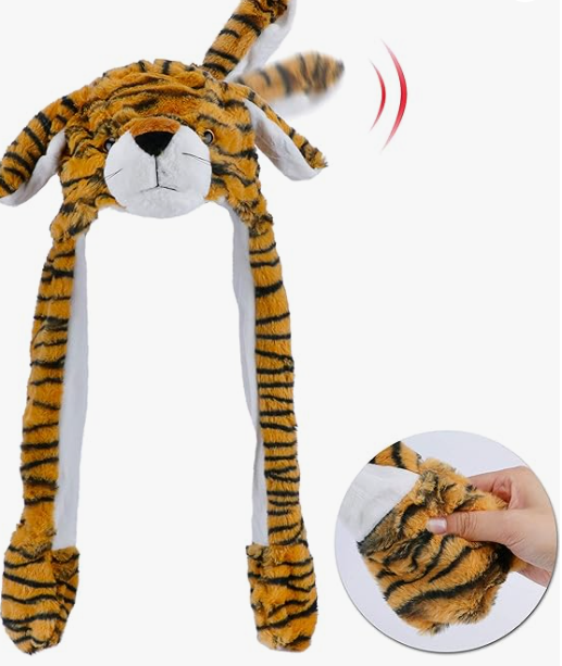 Bubblepompom Tiger Hat with Ears Moving Jumping Pop Up Beating Hat Plush Holiday Cosplay Dress Up Funny Party Gift for Kids Boys, Brown, 22''