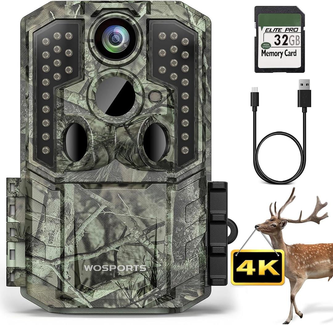 WOSPORTS Trail Camera,56MP 4K 0.2S Trigger Motion Activated,Game Camera with Night Vision IP66 Waterproof 2.0''LCD 120Wide Trail Cam Lens for Outdoor Scouting Wildlife Monitoring Home Security