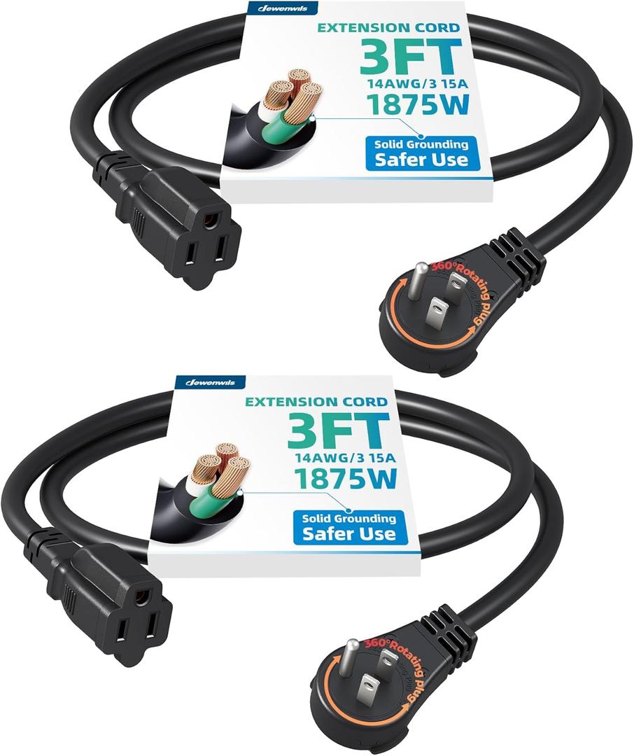 DEWENWILS 360 Rotating Flat Plug Extension Cord 3 Foot, 14/3 Gauge 3 Prong Grounded Wire, 15A/1875W Heavy Duty Power Cord, Space Saving for Indoor Narrow Space, ETL Certified, 2 Pack, Black